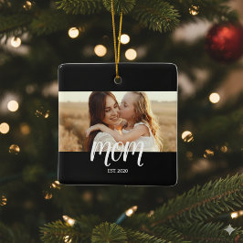 Mom Established Black White Script Photo Keramisch Ornament