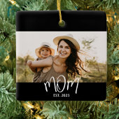 Mom Established Black White Script Photo Keramisch Ornament