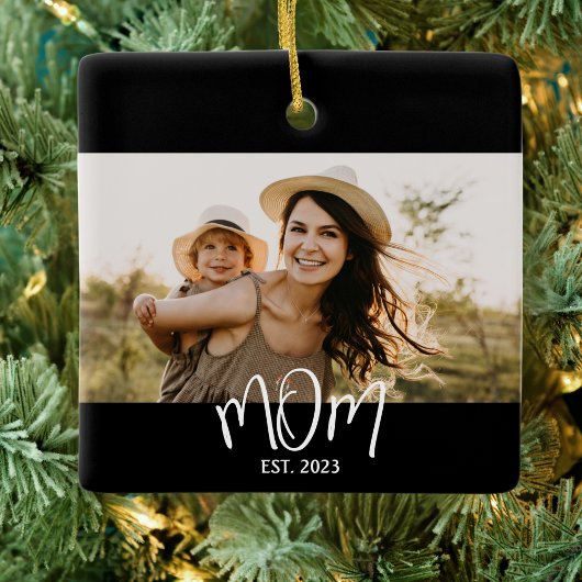 Mom Established Black White Script Photo Keramisch Ornament