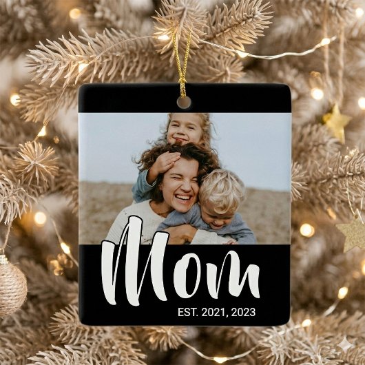 Mom Established Black White Script Photo Keramisch Ornament