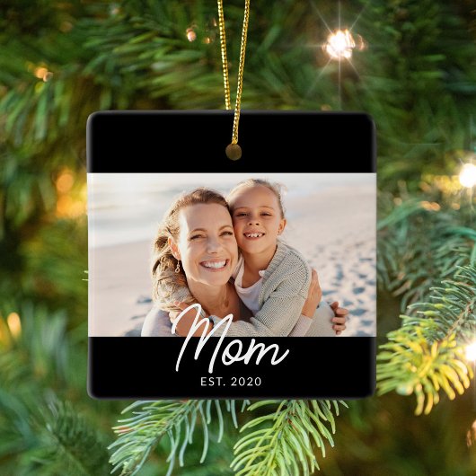 Mom Established Black White Script Photo Keramisch Ornament