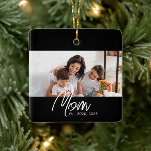 Mom Established Black White Script Photo  Keramisch Ornament (Boom)