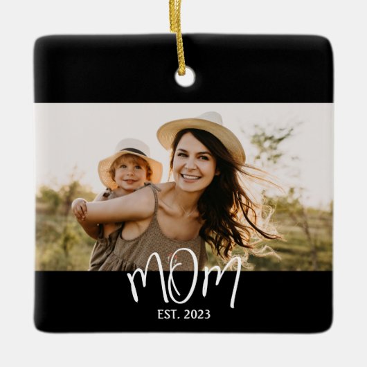 Mom Established Black White Script Photo Keramisch Ornament (Voorkant)