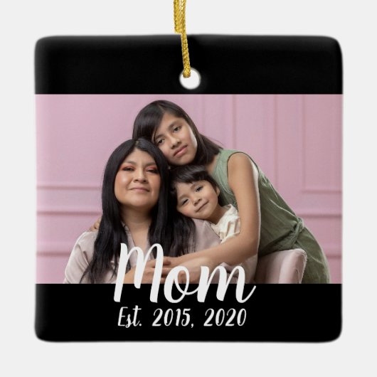 Mom Established Black White Script Photo Keramisch Ornament (Voorkant)