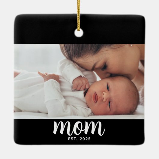 Mom Established Black White Script Photo Keramisch Ornament (Achterkant)