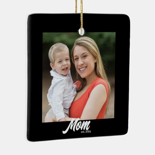 Mom Established Black White Script Photo Keramisch Ornament (Rechts)