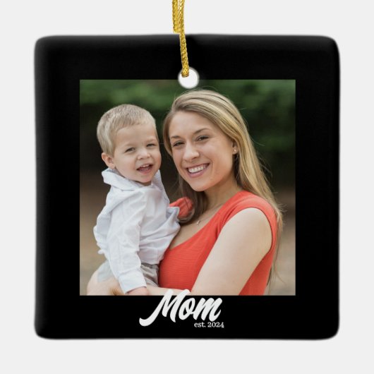 Mom Established Black White Script Photo Keramisch Ornament (Voorkant)