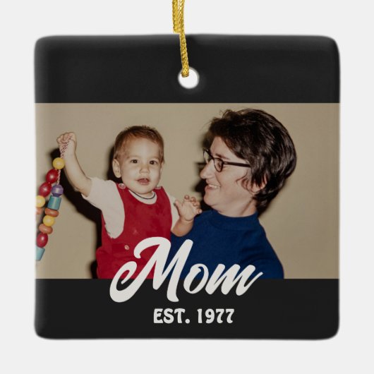 Mom Established Black White Script Photo Keramisch Ornament (Voorkant)