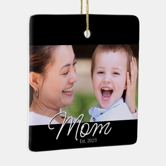 Mom Established Black White Script Photo Keramisch Ornament (Rechts)