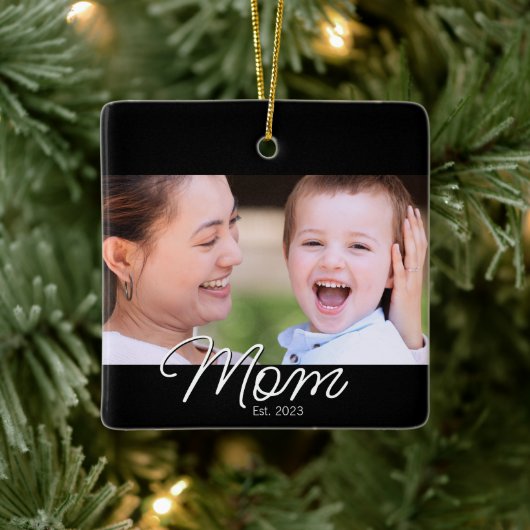 Mom Established Black White Script Photo Keramisch Ornament (Boom)