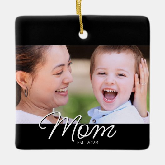 Mom Established Black White Script Photo Keramisch Ornament (Voorkant)