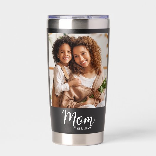 Mom Established Date Black Photo White Script Gift Geïsoleerde Drinkbeker (Voorkant)