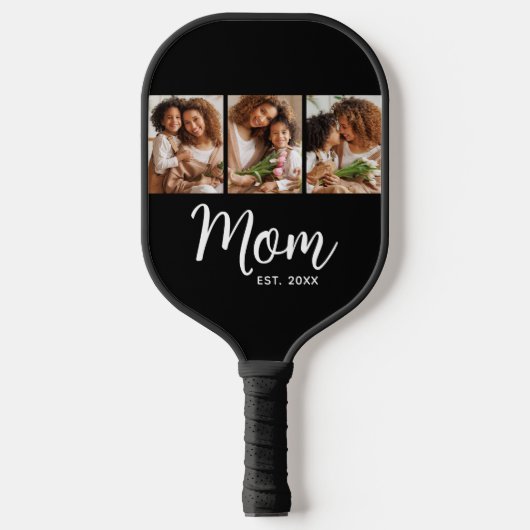 Mom Established Date Fun Script on Black 3 Photo Pickleball Paddle (Voorkant)