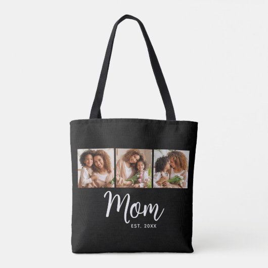 Mom Established Date White Script Black 3 Photo Tote Bag (Achterkant)