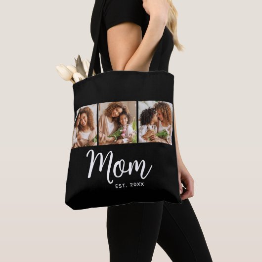 Mom Established Date White Script Black 3 Photo Tote Bag (Dichtbij)