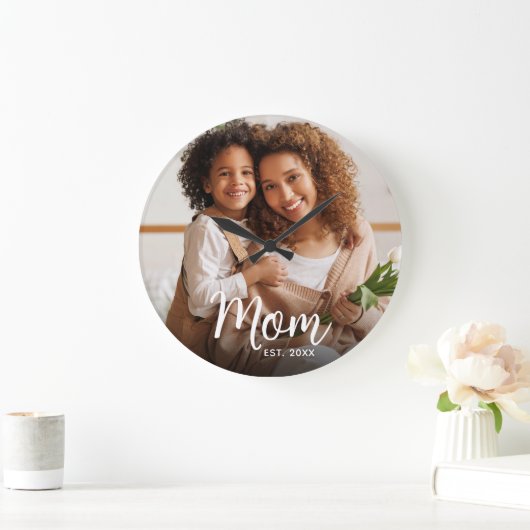 Mom Established Date White Script Custom Photo Grote Klok (Huis)