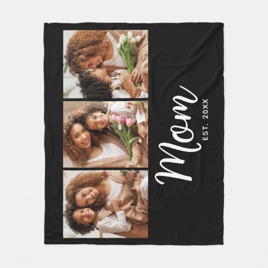 Mom Established Date White Script on Black 3 Photo Fleece Deken (Voorkant)