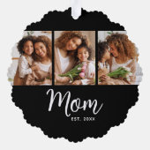 Mom Established Date White Script on Black 3 Photo Ornament Kaart (Achterkant)
