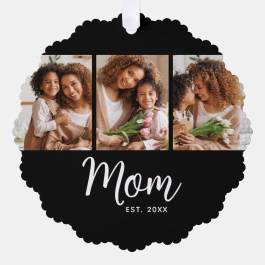 Mom Established Date White Script on Black 3 Photo Ornament Kaart (Voorkant)