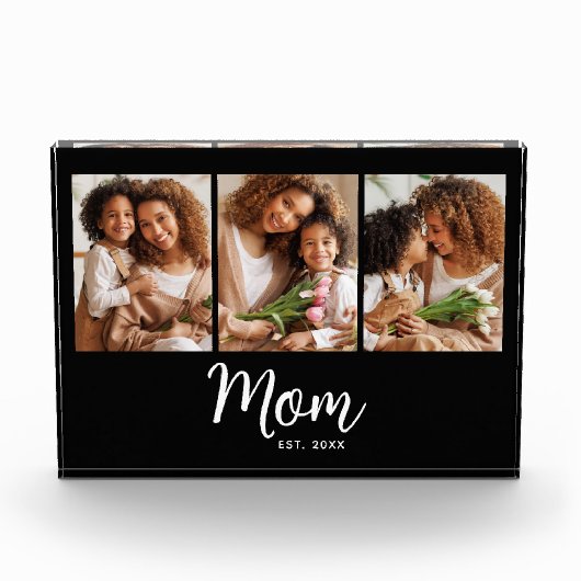 Mom Established Date White Script on Black Modern Fotoblokken (Voorkant)