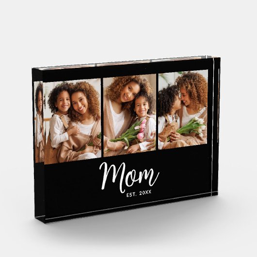 Mom Established Date White Script on Black Modern Fotoblokken (Links)