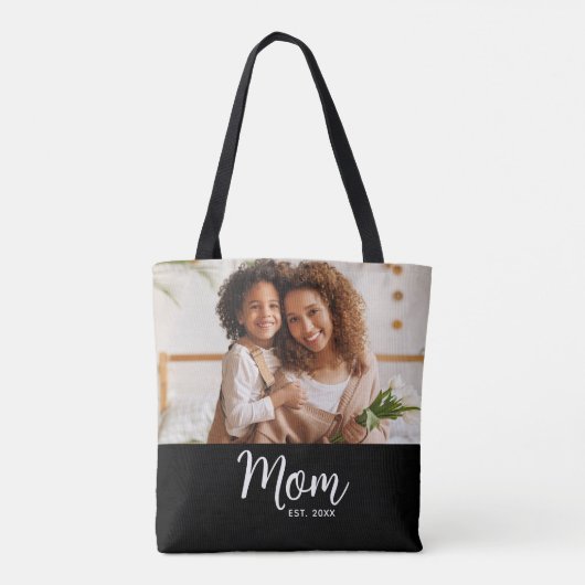 Mom Established Date White Script Photo on Black Tote Bag (Achterkant)