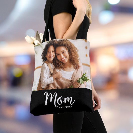 Mom Established Date White Script Photo on Black Tote Bag