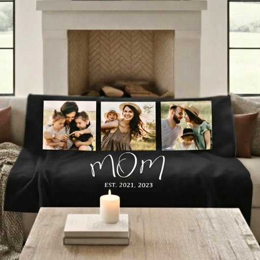 Mom Established Elegant Script Black 3 Photo Fleece Deken