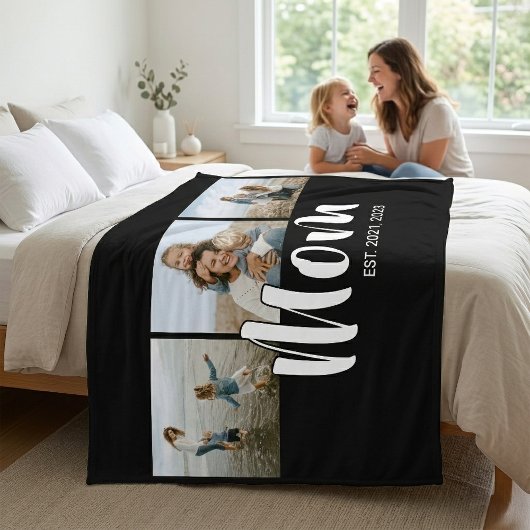 Mom Established Elegant Script Black 3 Photo Fleece Deken