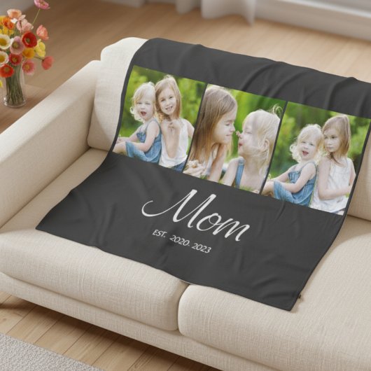 Mom Established Elegant Script Black 3 Photo Fleece Deken