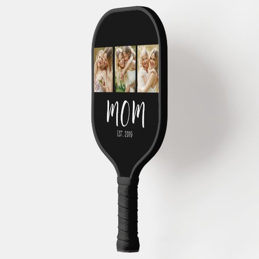 Mom Established Elegant Script Black 3 Photo Pickleball Paddle (Links)