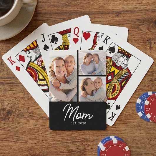 Mom Established Elegant Script Black 3 Photo Pokerkaarten