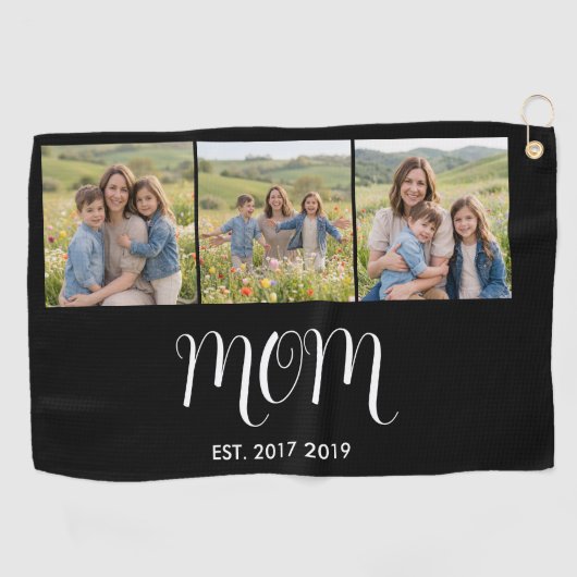 Mom Established Modern Bold Script Black 3 Photo Golfhanddoek (Horizontaal)