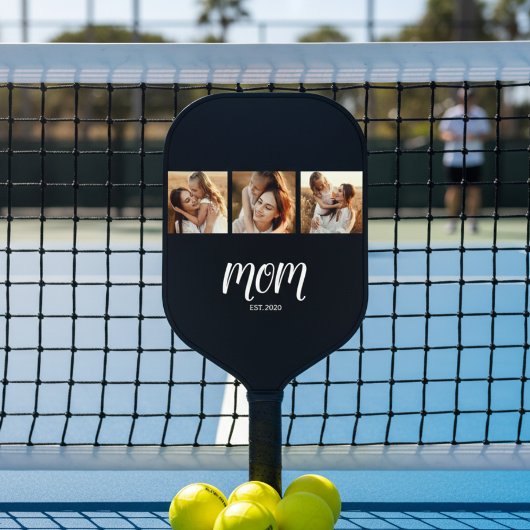 Mom Established Modern Bold Script Black 3 Photo Pickleball Paddle