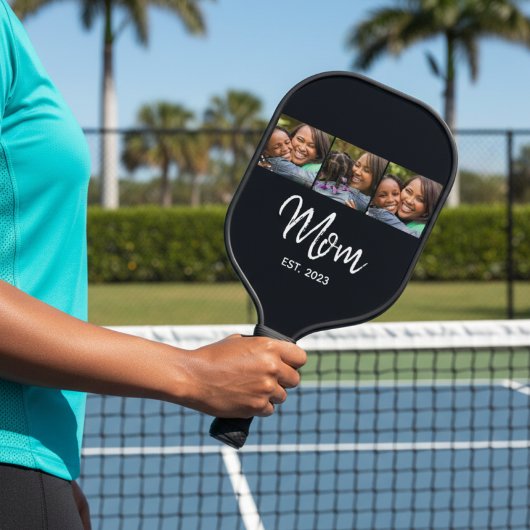 Mom Established Modern Bold Script Black 3 Photo Pickleball Paddle
