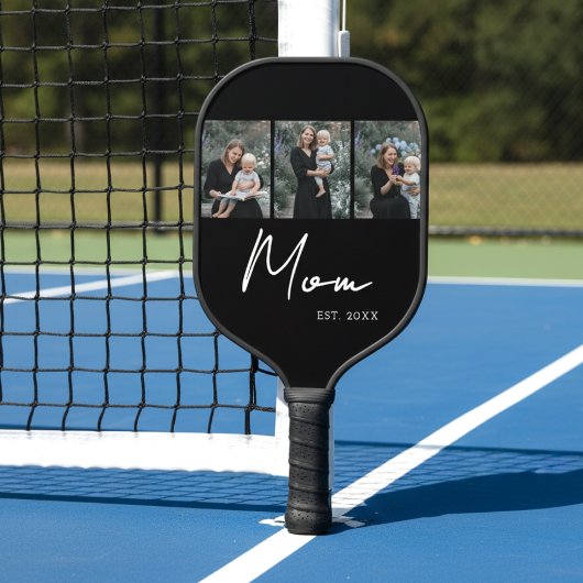 Mom Established Modern Bold Script Black 3 Photo Pickleball Paddle