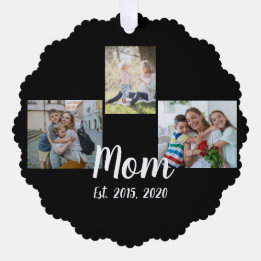 Mom Established Modern Script Black 3 Photo Ornament Kaart