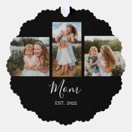 Mom Established Modern Script Black 3 Photo Ornament Kaart