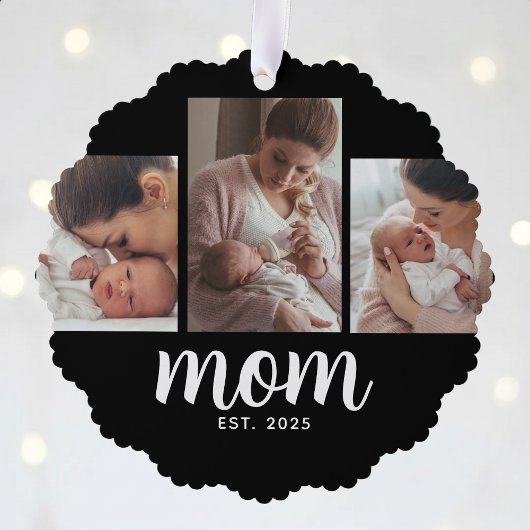 Mom Established Modern Script Black 3 Photo Ornament Kaart