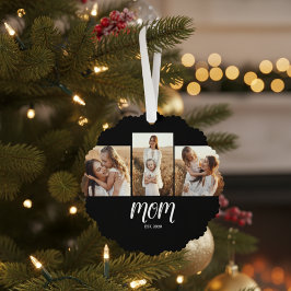 Mom Established Modern Script Black 3 Photo Ornament Kaart