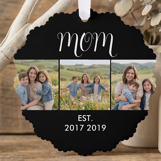 Mom Established Modern Script Black 3 Photo Ornament Kaart