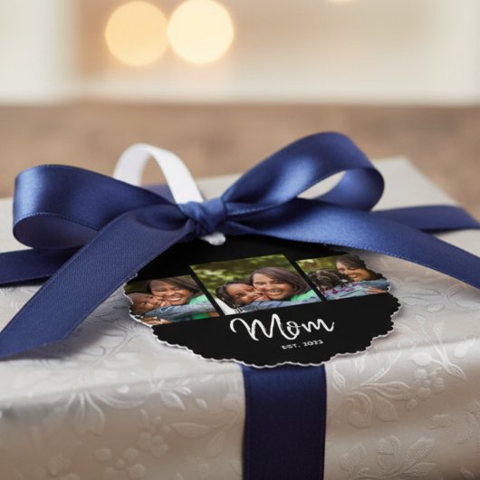 Mom Established Modern Script Black 3 Photo Ornament Kaart