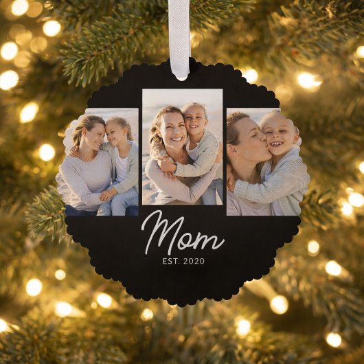 Mom Established Modern Script Black 3 Photo Ornament Kaart