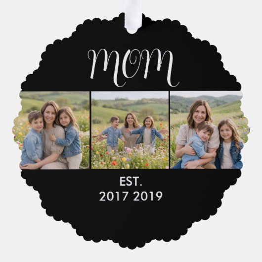 Mom Established Modern Script Black 3 Photo Ornament Kaart (Achterkant)