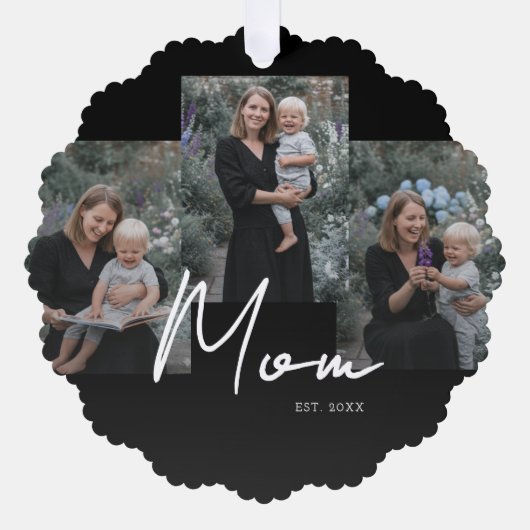 Mom Established Modern Script Black 3 Photo Ornament Kaart (Voorkant)