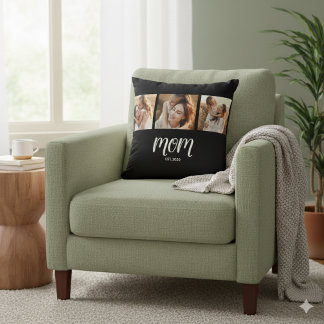 Mom Established Modern Script Black 3 Photo Throw Kussen