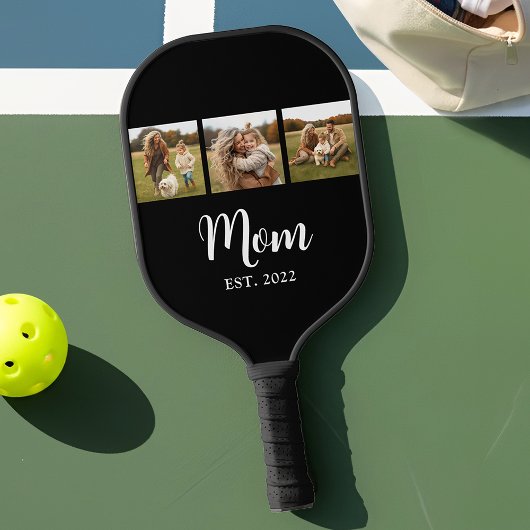 Mom Established Modern Script Text 3 Photo Black Pickleball Paddle
