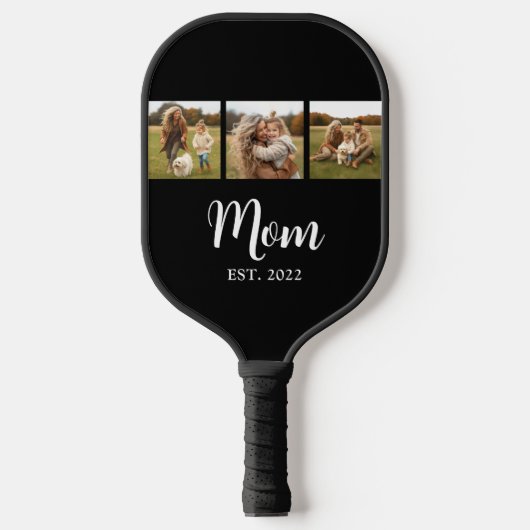 Mom Established Modern Script Text 3 Photo Black Pickleball Paddle (Voorkant)