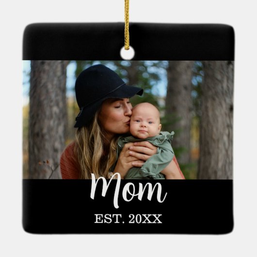 Mom Established Photo Mother's Day Black Keramisch Ornament (Achterkant)