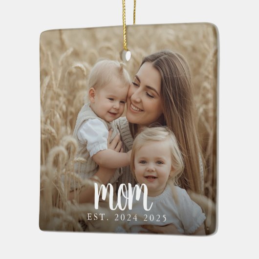 Mom Established Photo White Script Keramisch Ornament (Links)